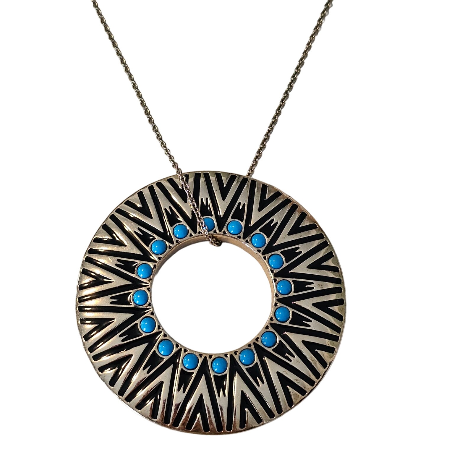 House Of Harlow Circle Tribal Pendant Necklace With Turquoise Cabochons 35$
